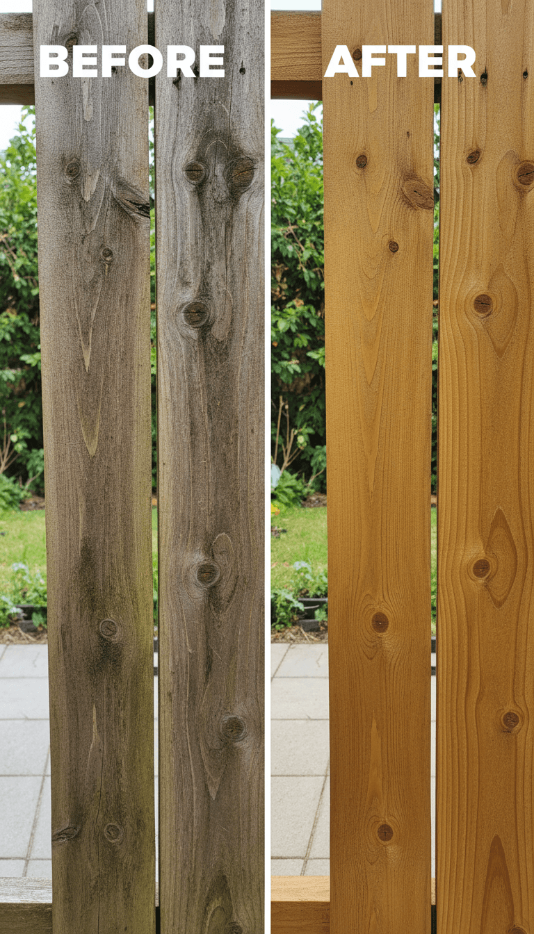 Wood deck and fence before and after soft washing with grime and algae removed