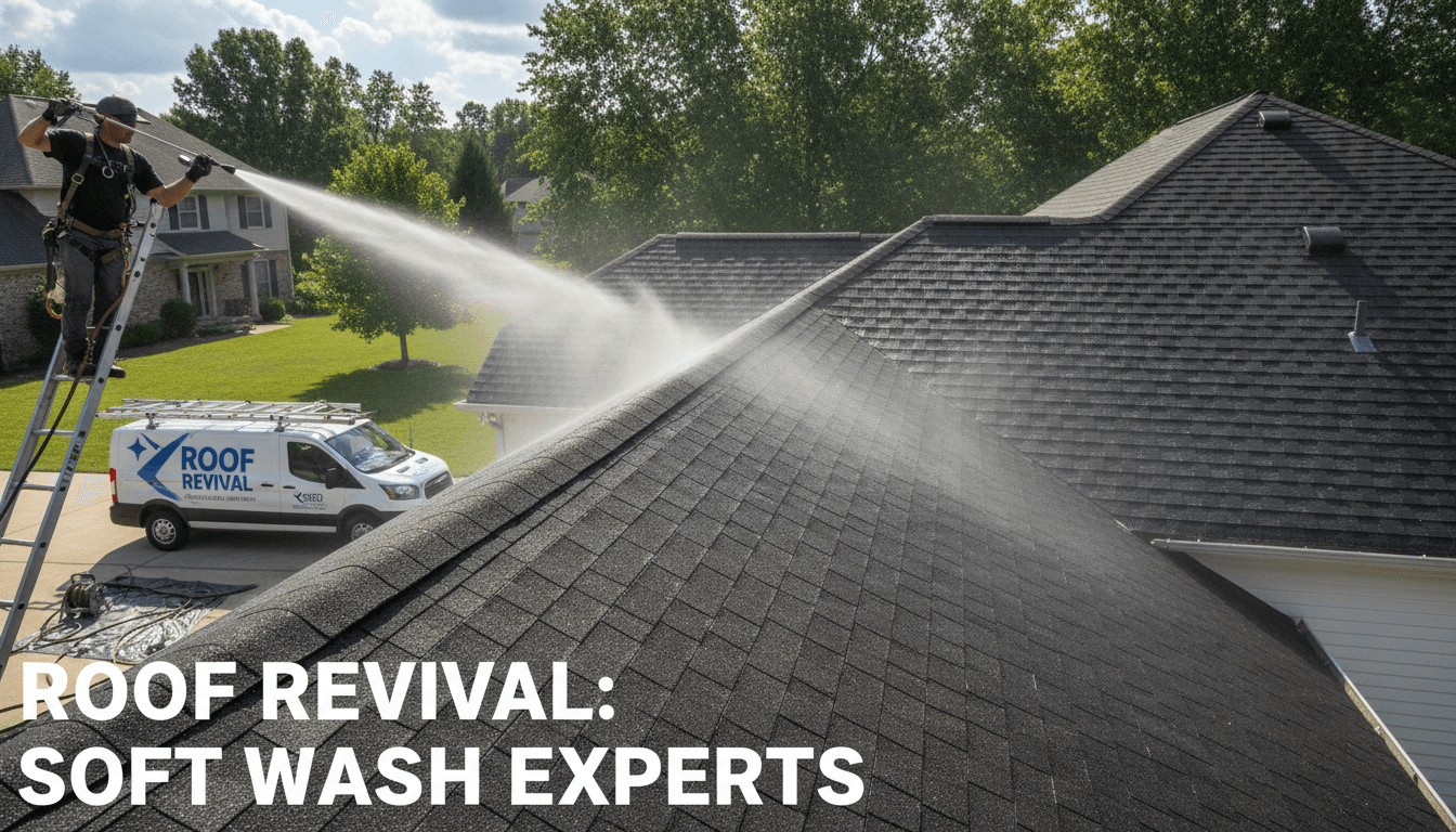 Professional technician soft washing asphalt shingle roof to remove black streaks and moss buildup