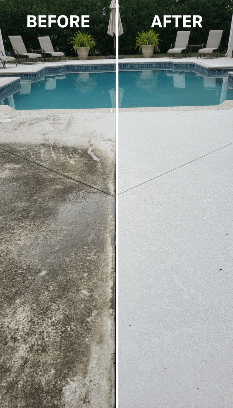 Pool deck concrete surface before and after pressure washing showing clean bright surface