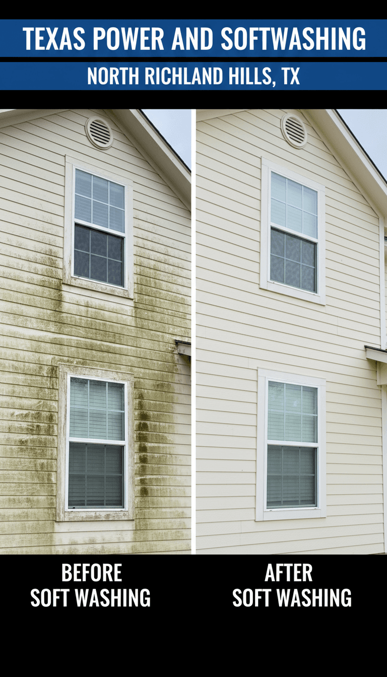 Home exterior trim and siding before and after soft washing, showing detailed clean finish