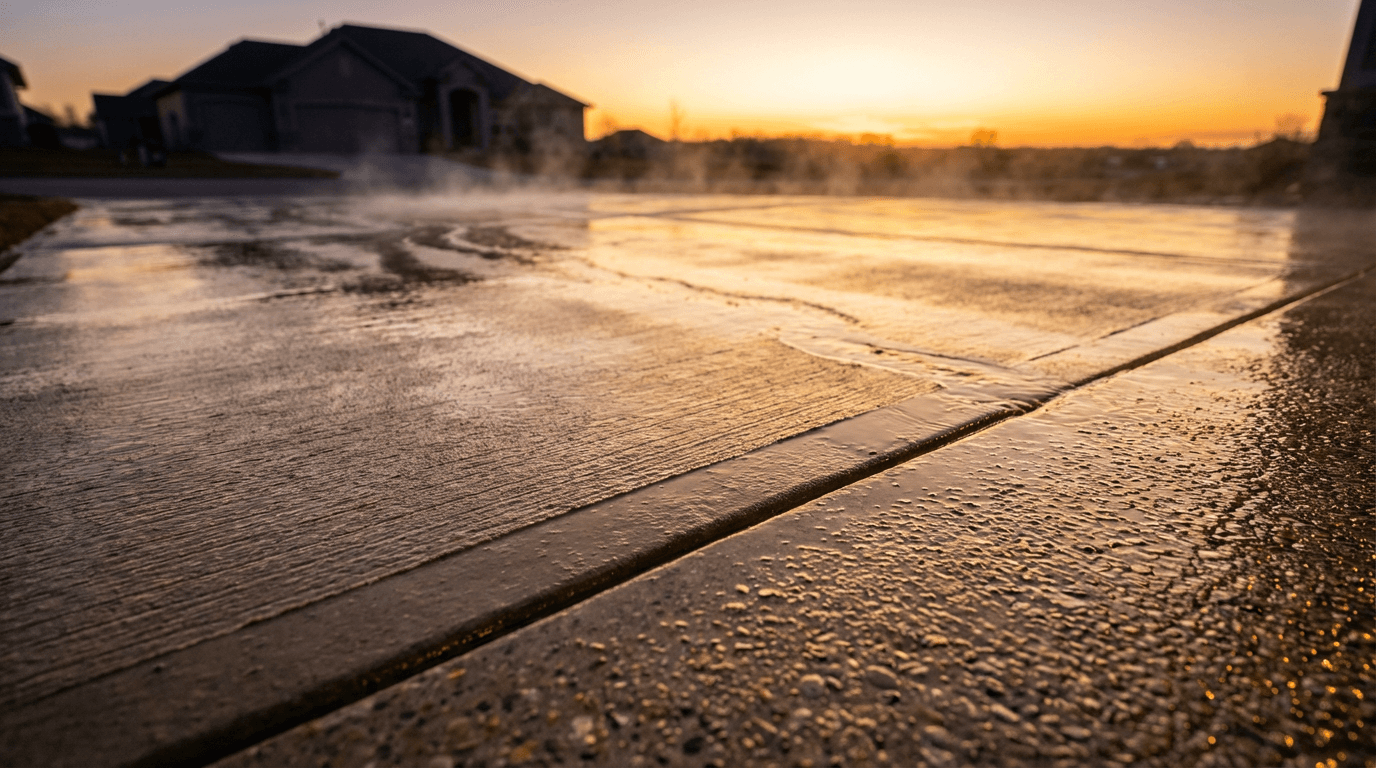 Professional pressure washing cleaning a residential driveway with golden hour lighting