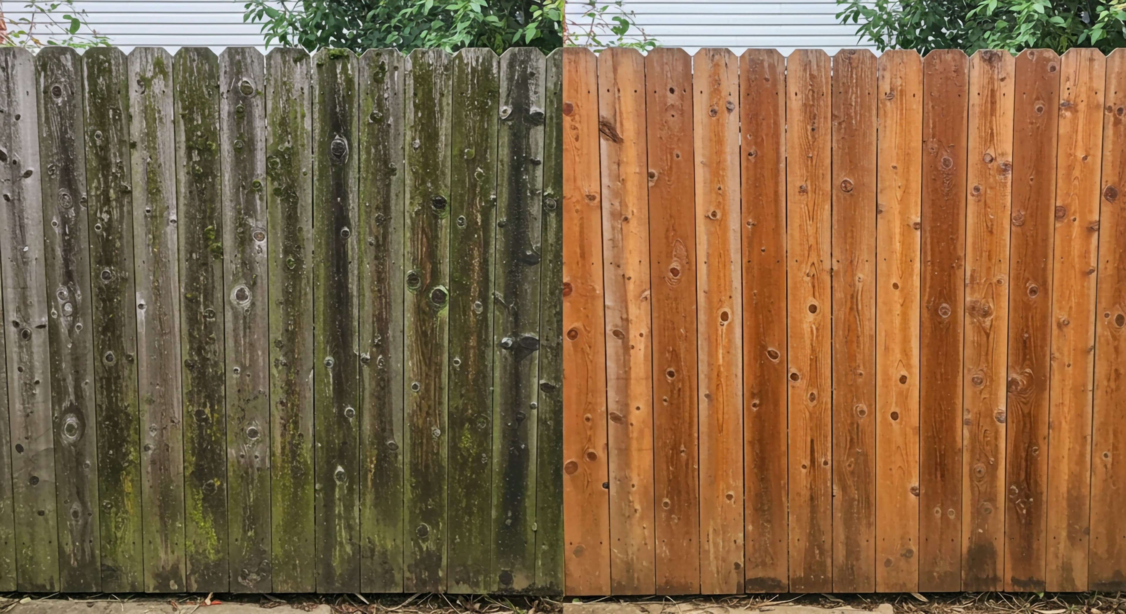 Side-by-side comparison of a weathered, mossy wooden fence and a clean, restored brown fence.
