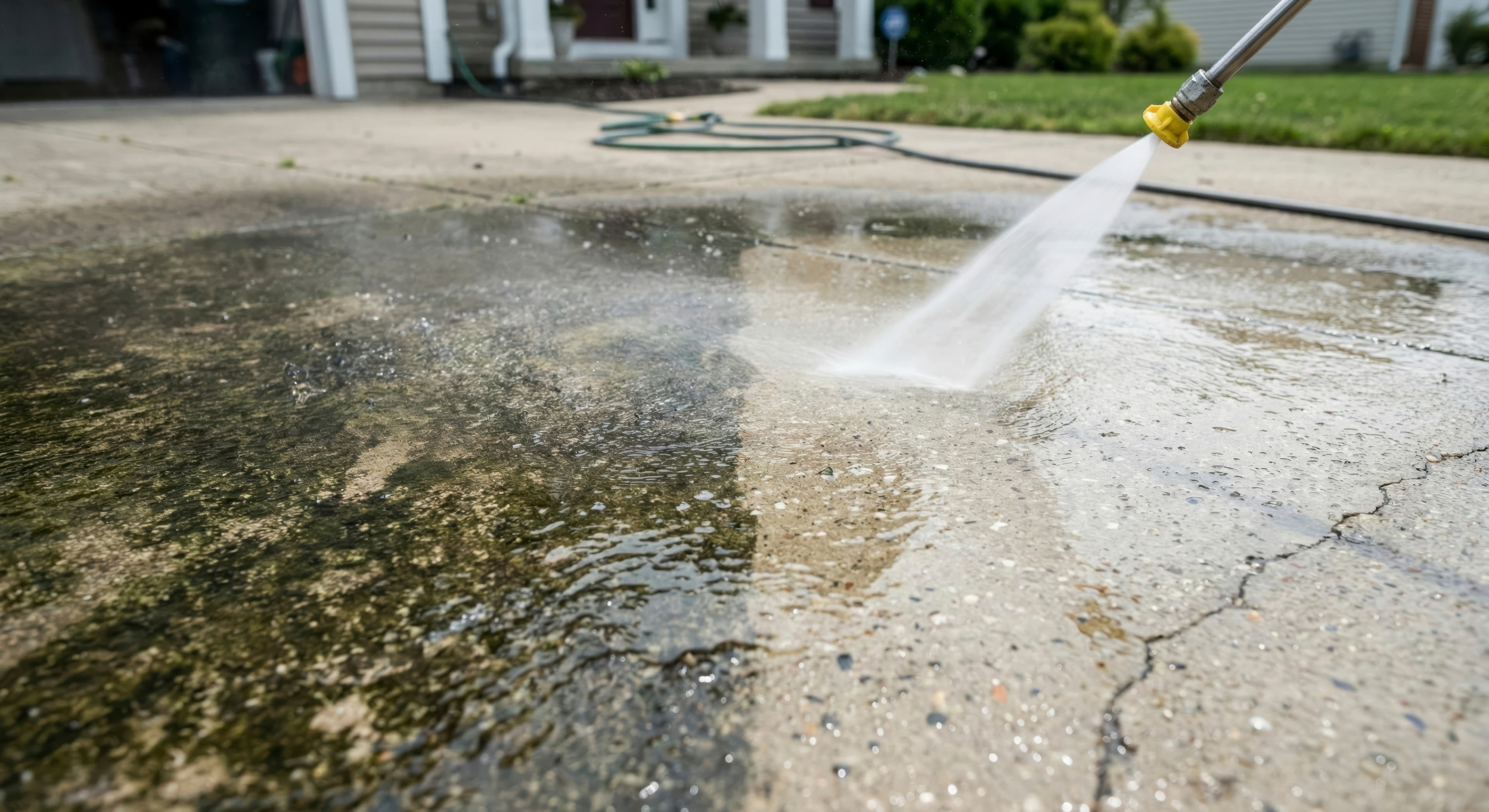 Pressure washer cleaning a dirty concrete driveway, revealing a bright, clean surface beneath grime.