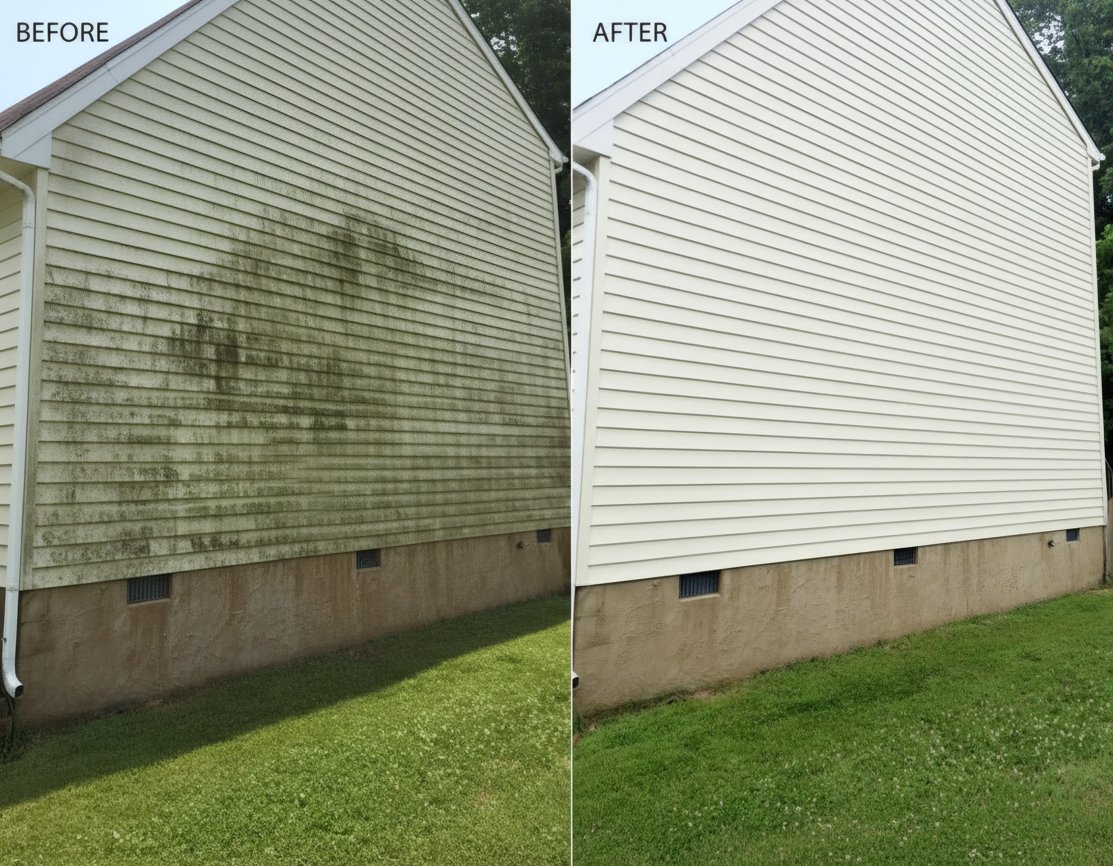 Before and after comparison of dirty, algae-covered house siding and clean, white pressure-washed siding.
