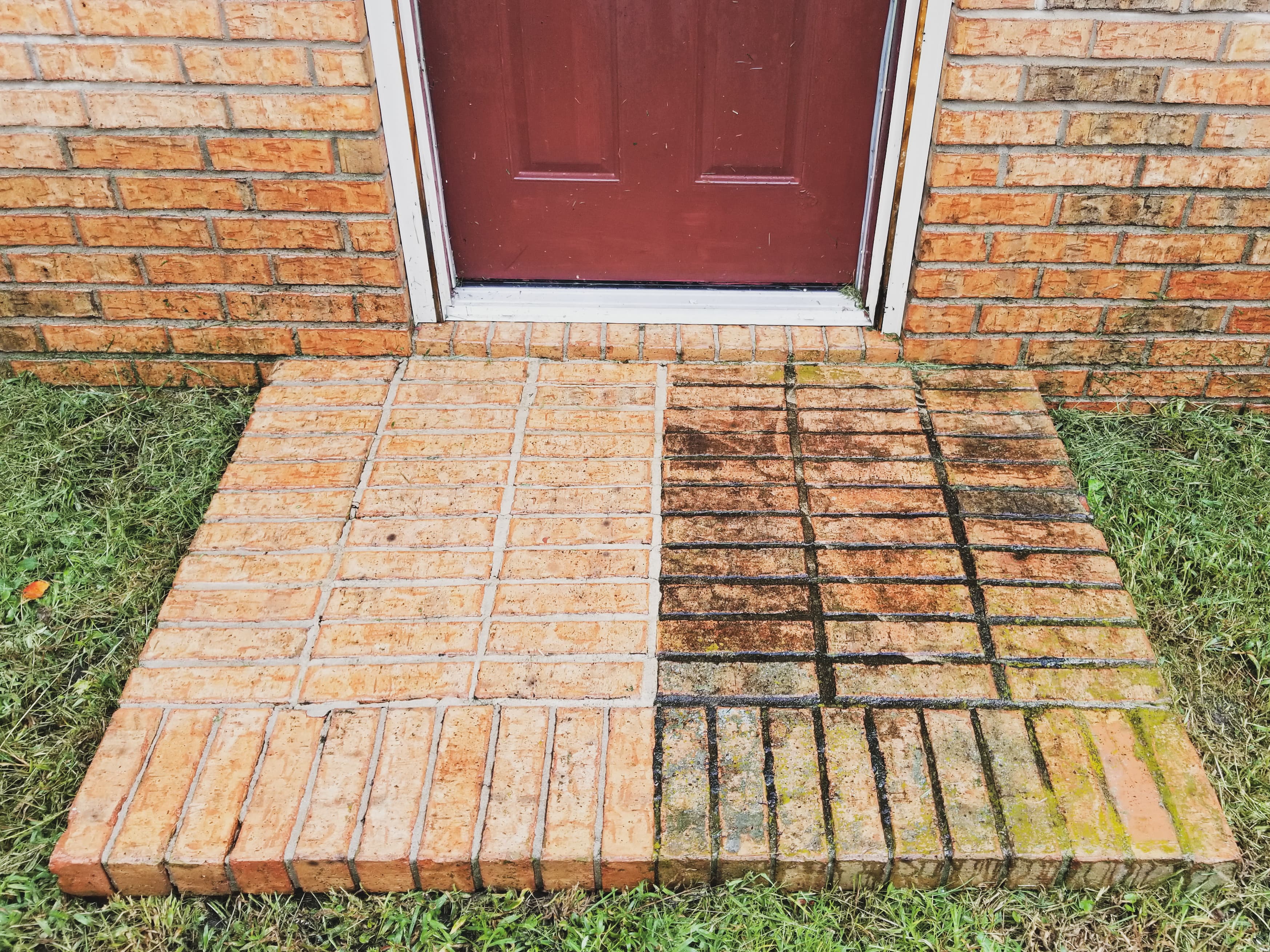 A brick doorstep split between a dirty, moss-covered side and a clean, power-washed side.