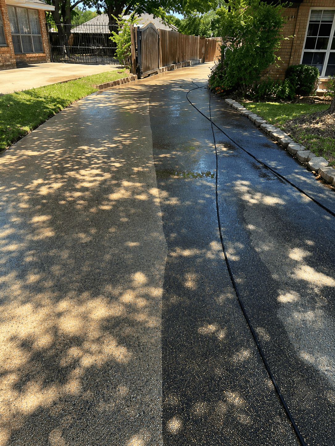 Driveway split between a clean light side and a dirty dark side under dappled shade.