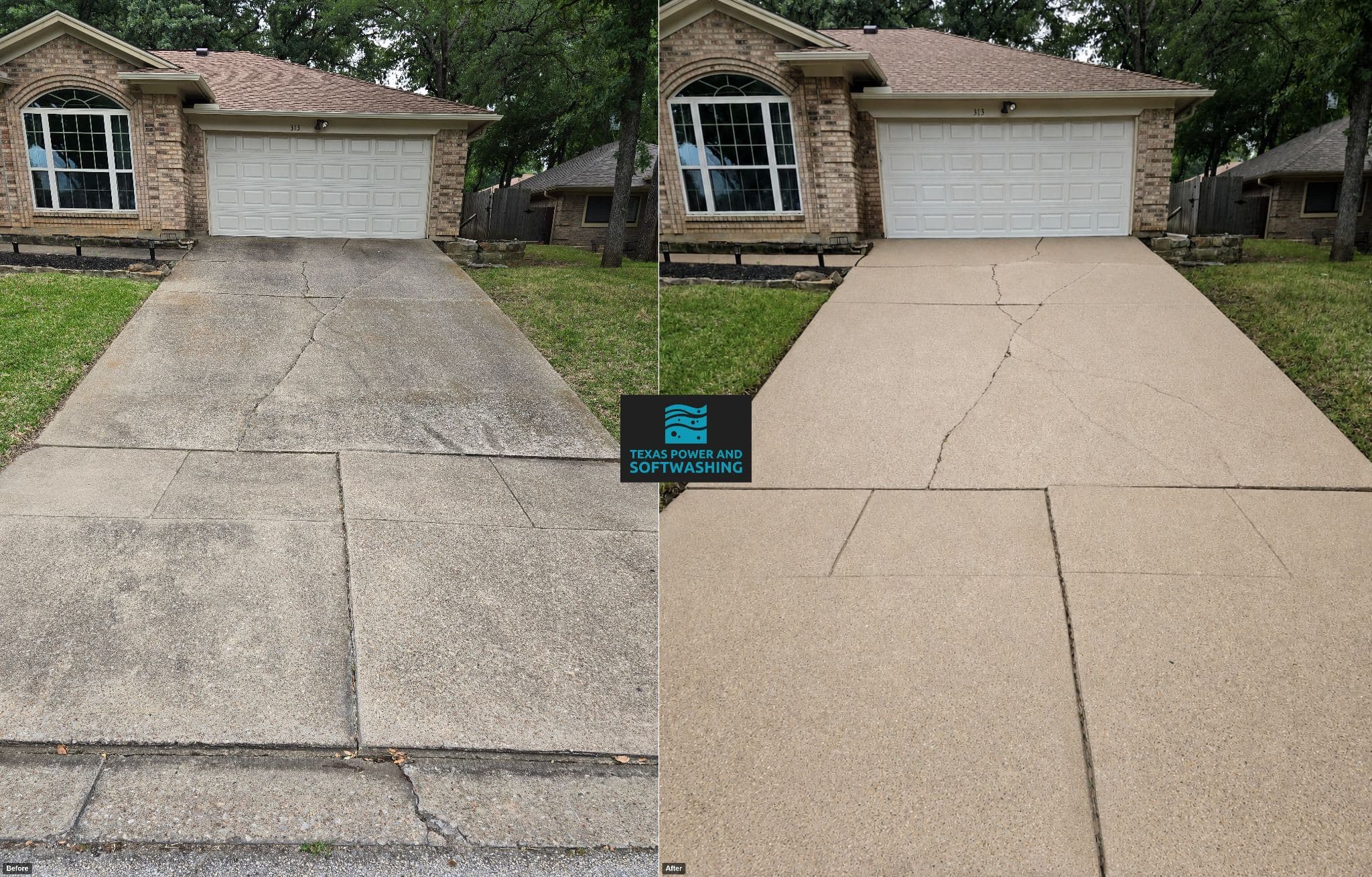 Side-by-side comparison of a dirty concrete driveway before and after professional power washing treatment.