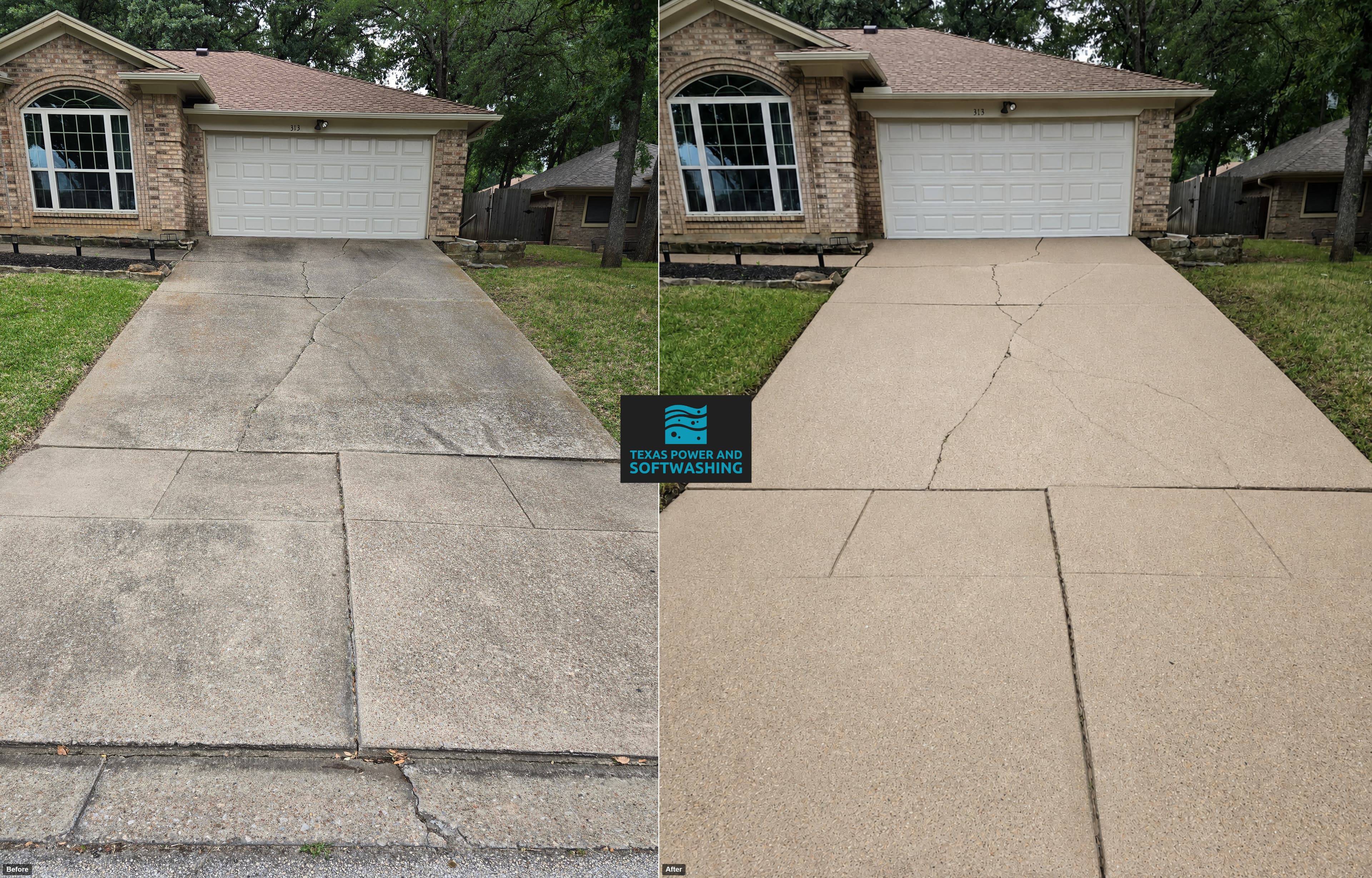 Before and after comparison of a dirty concrete driveway restored with professional power washing.