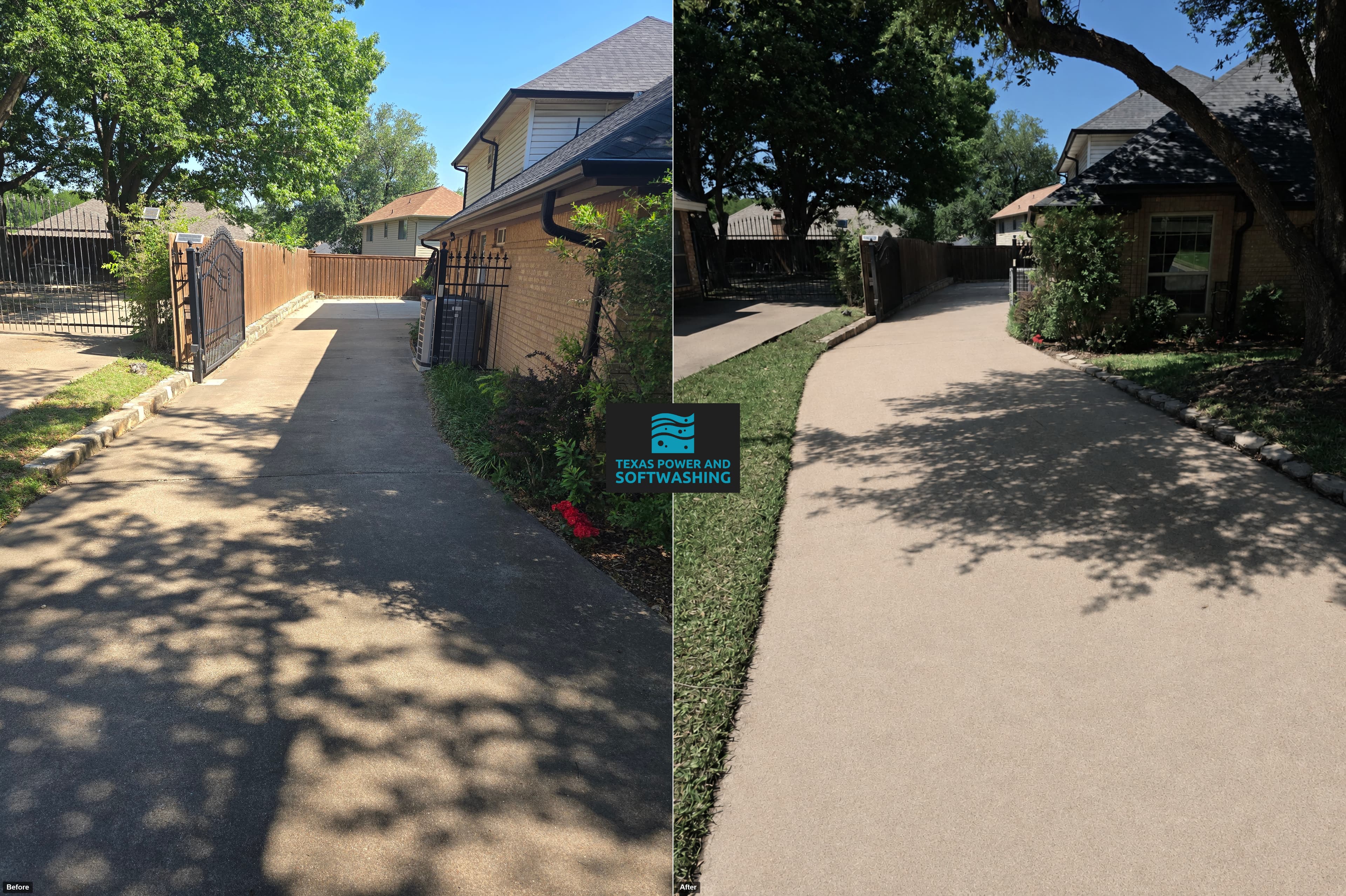 Before and after comparison of a stained concrete driveway transformed by professional power washing.